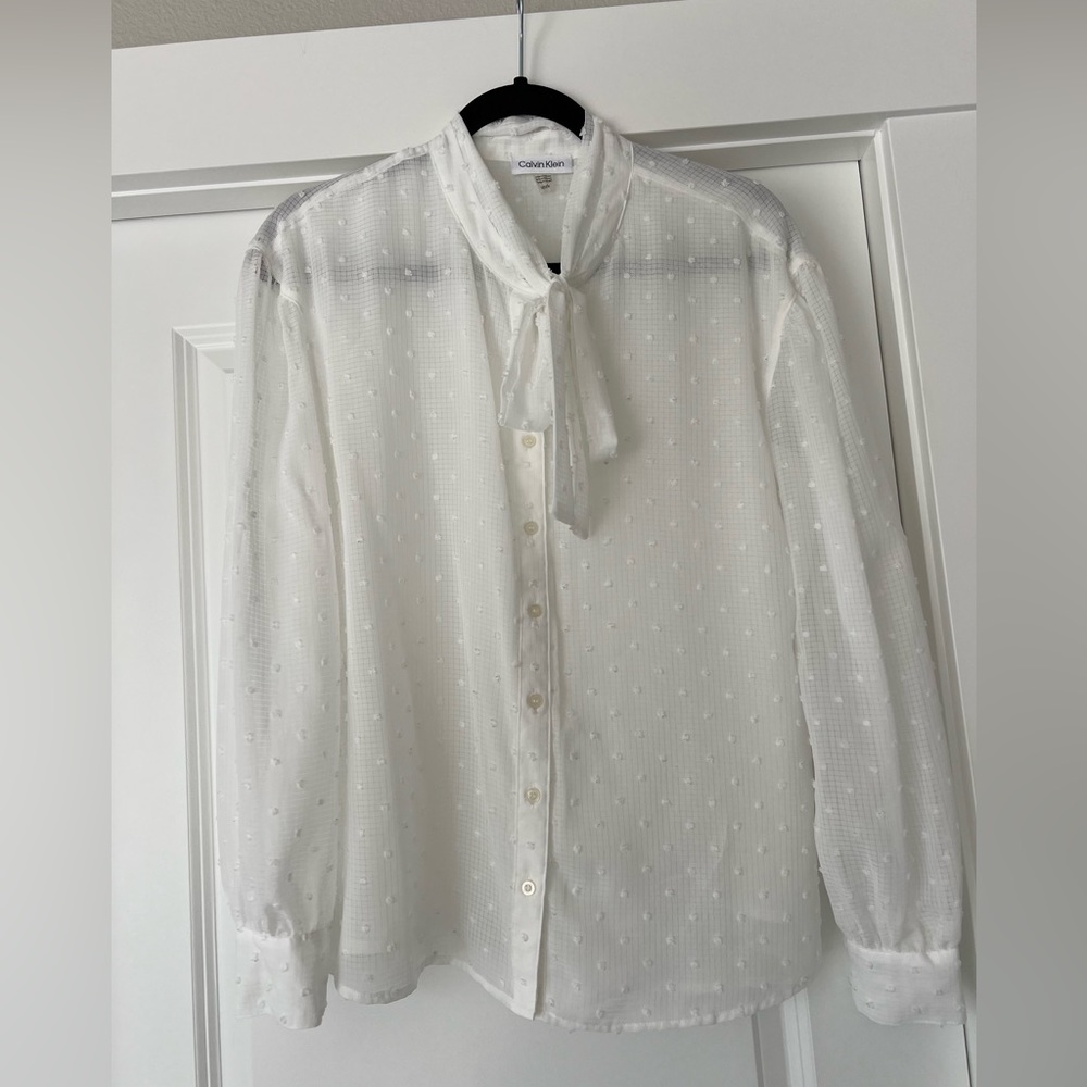 Calvin Klein White Blouse Tie Neck Size M